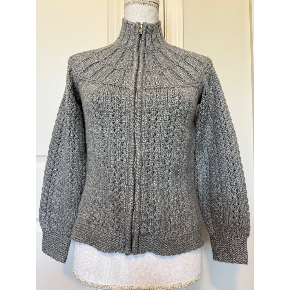 Talbots Womens Petite Gray Knit Zip-Up Cardigan Sweater Ribbed High Neck Size XS